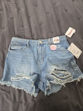 Distressed Light Blue Denim Jean Shorts with Frayed Hem